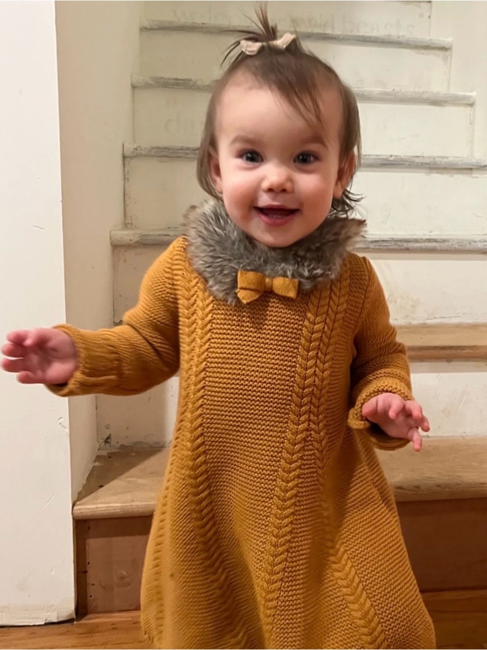 NWT Tahari Baby Sweater Faux Fur Collar Bow Knit Dress Mustard Color
